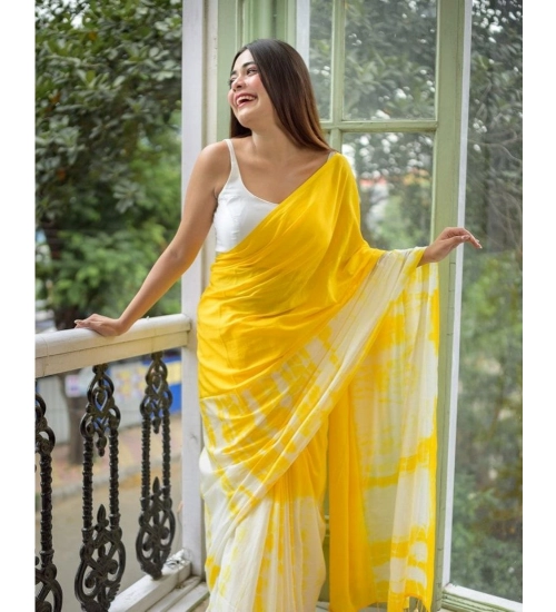 Women's Linen Printed Saree With Unstitched Blouse 5.5Mtr (Yellow)