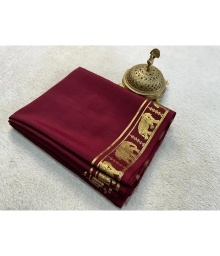 Women's Crepe Chit Pallu Solid Saree With Unstitched Blouse 5.5Mtr (Maroon)
