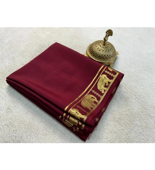 Women's Crepe Chit Pallu Solid Saree With Unstitched Blouse 5.5Mtr (Maroon)