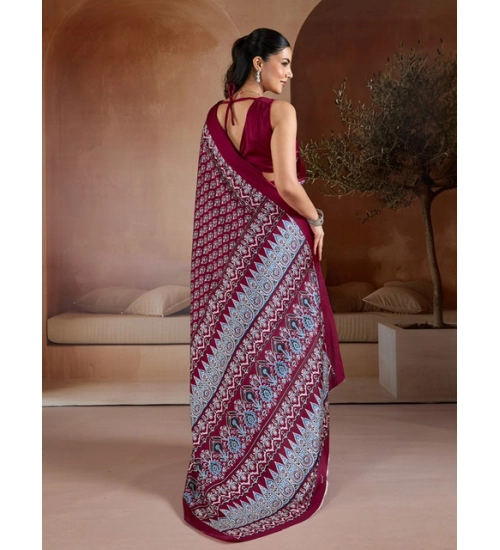 Women's Satin Crepe Printed Saree With Unstitched Blouse 5.5Mtr (Maroon)