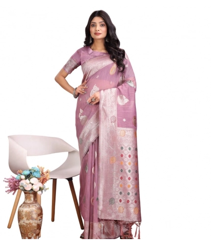 Women's Linen Cotton Printed Saree With Unstitched Blouse 5.5Mtr (Purple)