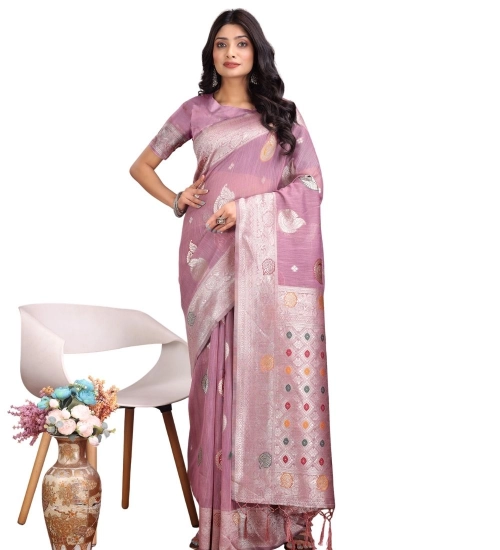 Women's Linen Cotton Printed Saree With Unstitched Blouse 5.5Mtr (Purple)