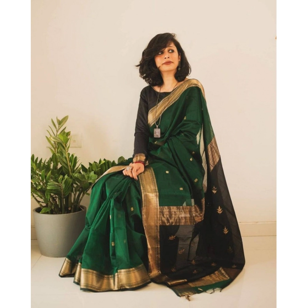 Women's Soft Lichi Silk Printed Saree With Unstitched Blouse 5.5Mtr (Green)
