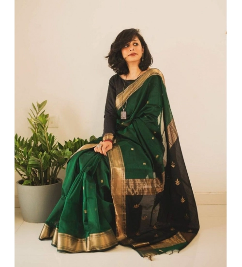 Women's Soft Lichi Silk Printed Saree With Unstitched Blouse 5.5Mtr (Green)