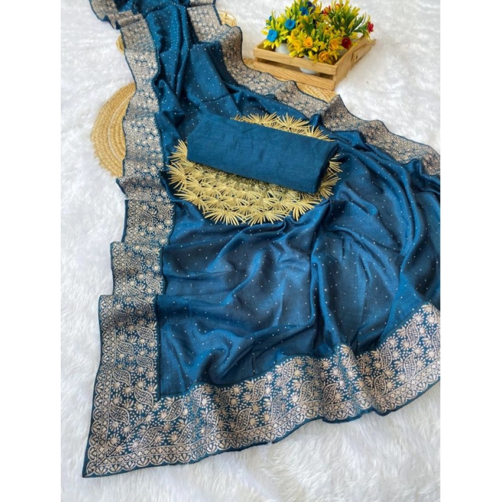 Women's Silk Embroidred Saree With Unstitched Blouse 5.5Mtr (Light Green)