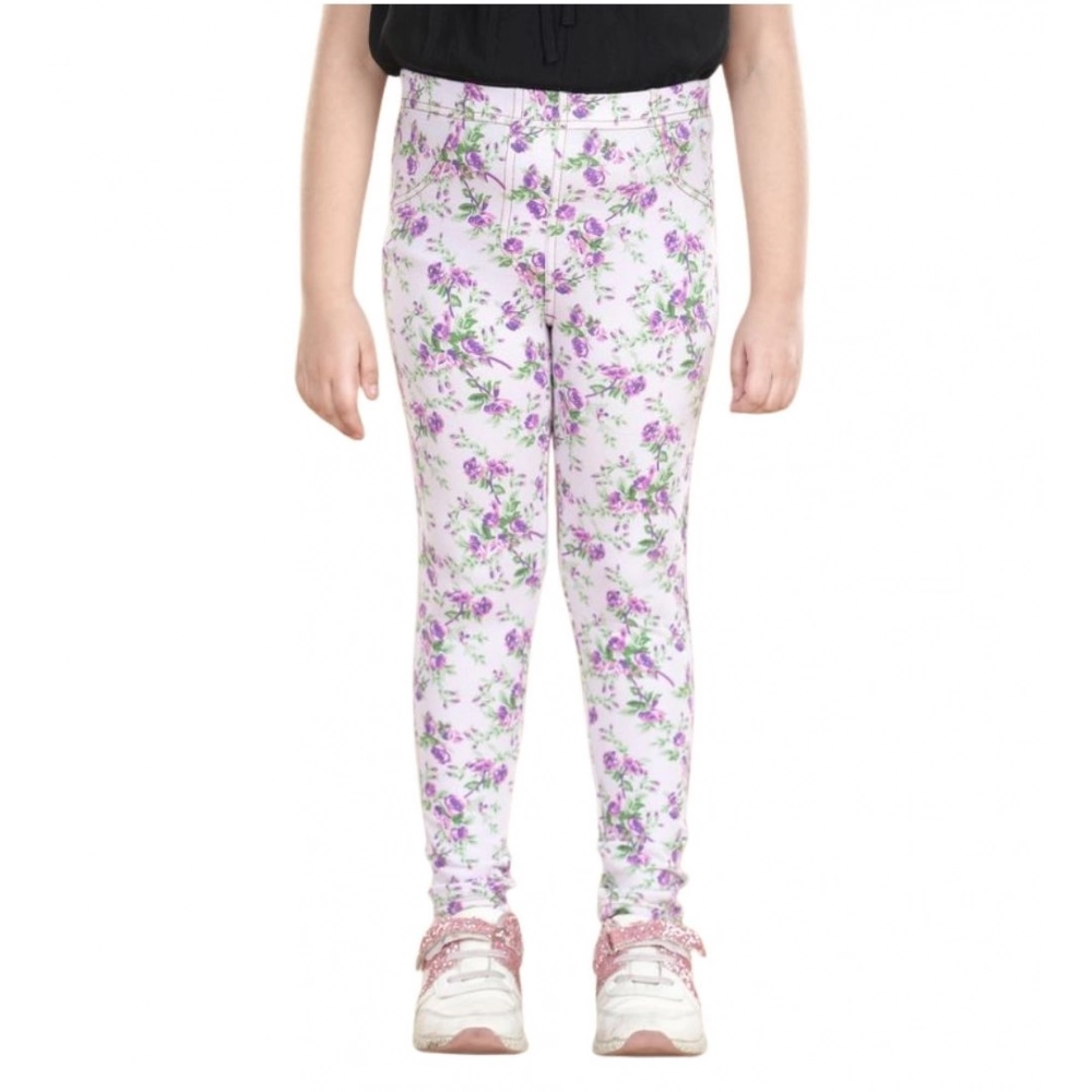 Girl's Cotton Lycra Floral Elasticated Jeggings (Lavender) Girl's Cotton Lycra Floral Elasticated Jeggings (Lavender)