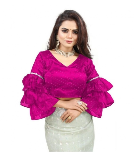 Women's Organza Solid V Neck Layered Ruffle Sleeve Readymade Blouse (Pink Free Size , up to 38–40 Bust)-PID65856
