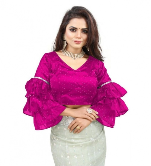 Women's Organza Solid V Neck Layered Ruffle Sleeve Readymade Blouse (Pink Free Size , up to 38–40 Bust)-PID65856 Women's Organza Solid V Neck Layered Ruffle Sleeve Readymade Blouse (Pink Free Size , up to 38–40 Bust)-PID65856