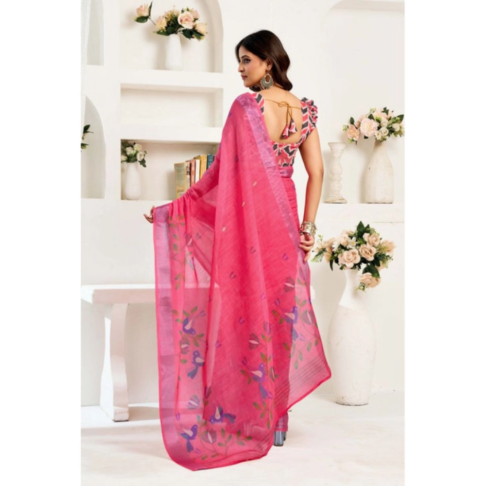 Women's Linen Cotton Printed Ready To Wear Saree With Unstitched Blouse 5.5 Mtr (Pink)