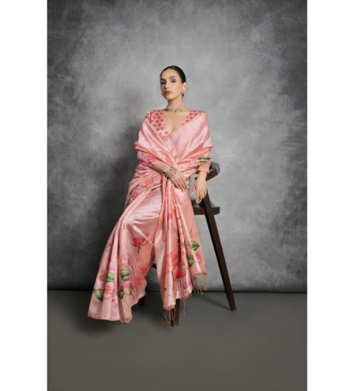 Women's Cotton Printed Saree With Unstitched Blouse 5.5 Mtr (Peach)