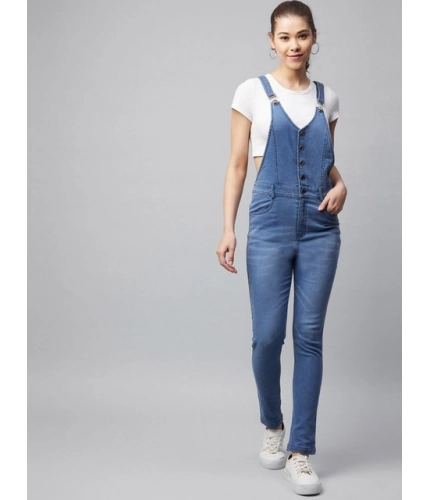 Women's Denim Lycra Solid Buttoned Dungaree (Ice Blue)