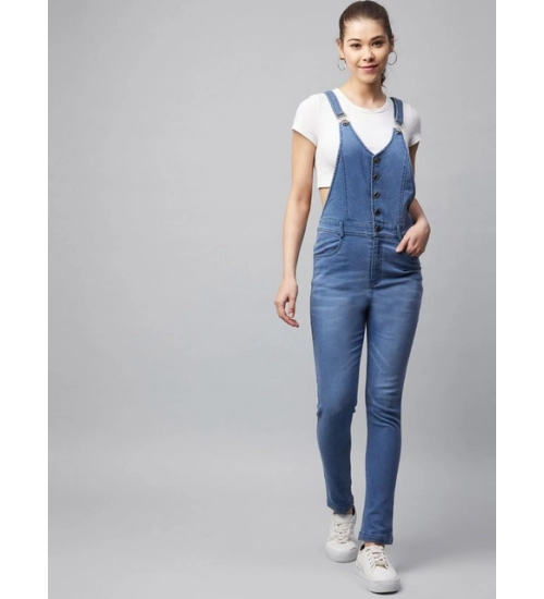 Women's Denim Lycra Solid Buttoned Dungaree (Ice Blue)