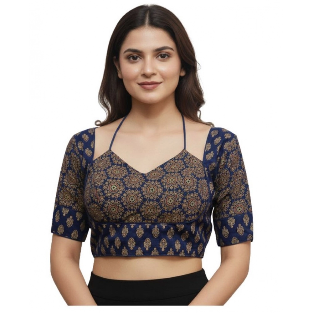 Women's Ajrakh Cotton Printed Sweetheart Padded Blouse (Navy 38 Ready (Self Alterable 36–40) Women's Ajrakh Cotton Printed Sweetheart Padded Blouse (Navy 38 Ready (Self Alterable 36–40)