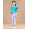 Girl's Cotton Floral Elasticated Jegging and Top Set (Turquoise Blue)