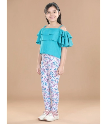 Girl's Cotton Floral Elasticated Jegging and Top Set (Turquoise Blue)