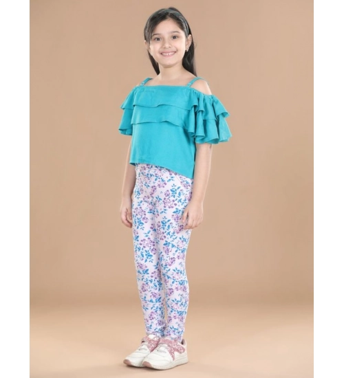 Girl's Cotton Floral Elasticated Jegging and Top Set (Turquoise Blue)