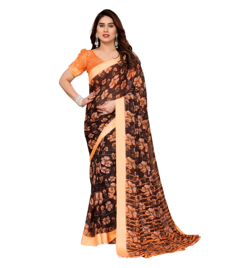 Women's Georgette Printed Saree With Unstitched Blouse 5.5Mtr (Brown)