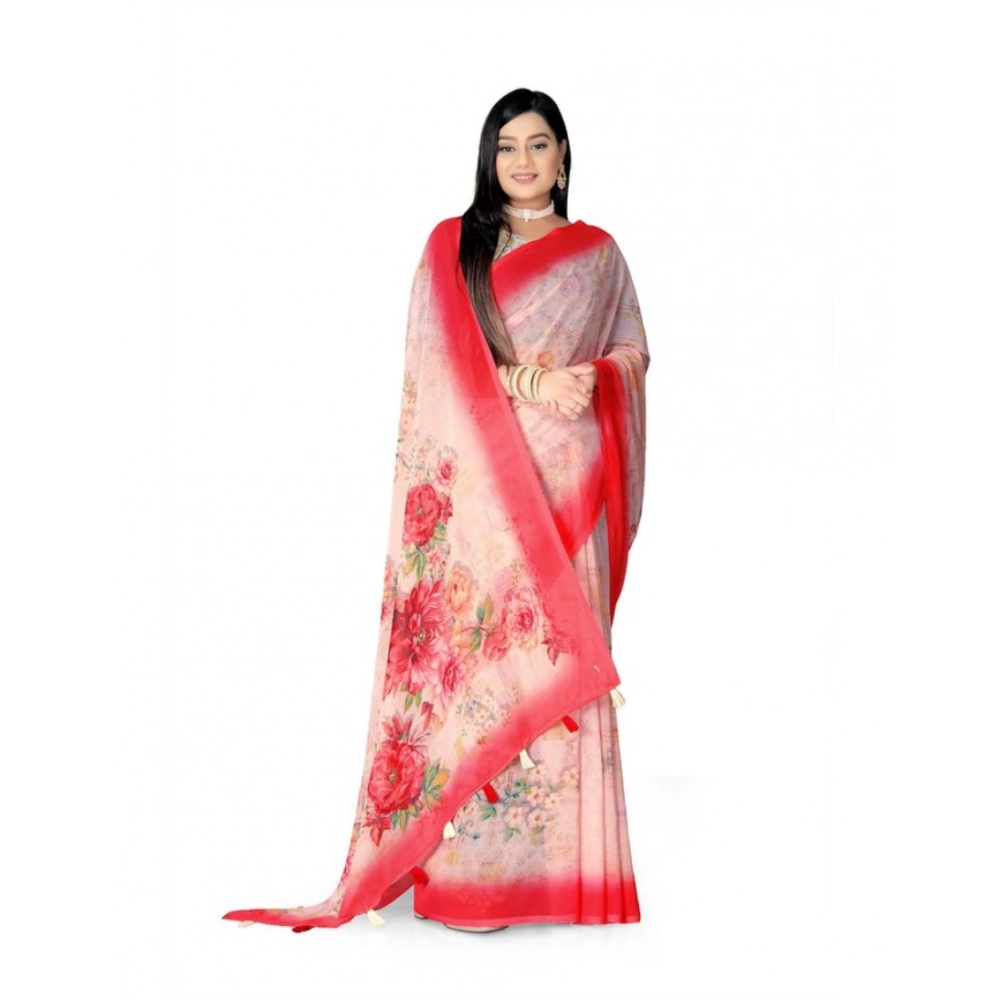 Women's Georgette Floral Printed Saree With Unstitched Blouse 5.5Mtr (Red) Women's Georgette Floral Printed Saree With Unstitched Blouse 5.5Mtr (Red)