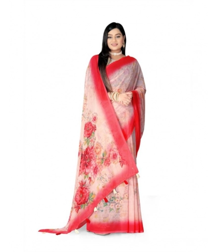 Women's Georgette Floral Printed Saree With Unstitched Blouse 5.5Mtr (Red)