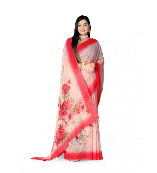 Women's Georgette Floral Printed Saree With Unstitched Blouse 5.5Mtr (Red)