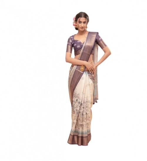 Women's Polyester Printed Saree With Unstitched Blouse 5.5 Mtr (Off-White)