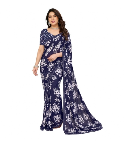 Women's Georgette Printed Saree With Unstitched Blouse 5.5Mtr (Navy Blue)