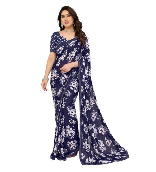 Women's Georgette Printed Saree With Unstitched Blouse 5.5Mtr (Navy Blue)