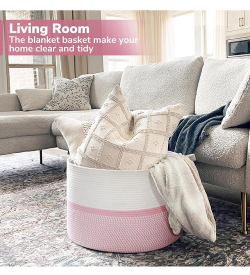 Cotton Dori 16x14 Inch Storage Basket For Clothes (White-Pink White)