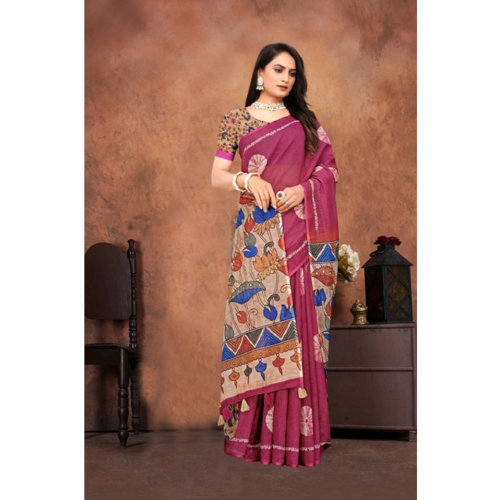 Women's Linen Printed Saree With Unstitched Blouse 5.5Mtr (Purple) Women's Linen Printed Saree With Unstitched Blouse 5.5Mtr (Purple)