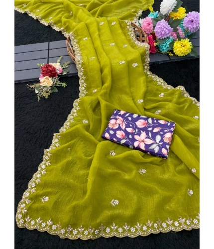 Women's Stone Work Soft Silk Saree With Unstitched Blouse (Green, 5-6 Mtrs) Women's Stone Work Soft Silk Saree With Unstitched Blouse (Green, 5-6 Mtrs)