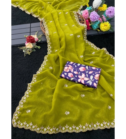 Women's Stone Work Soft Silk Saree With Unstitched Blouse (Green, 5-6 Mtrs)