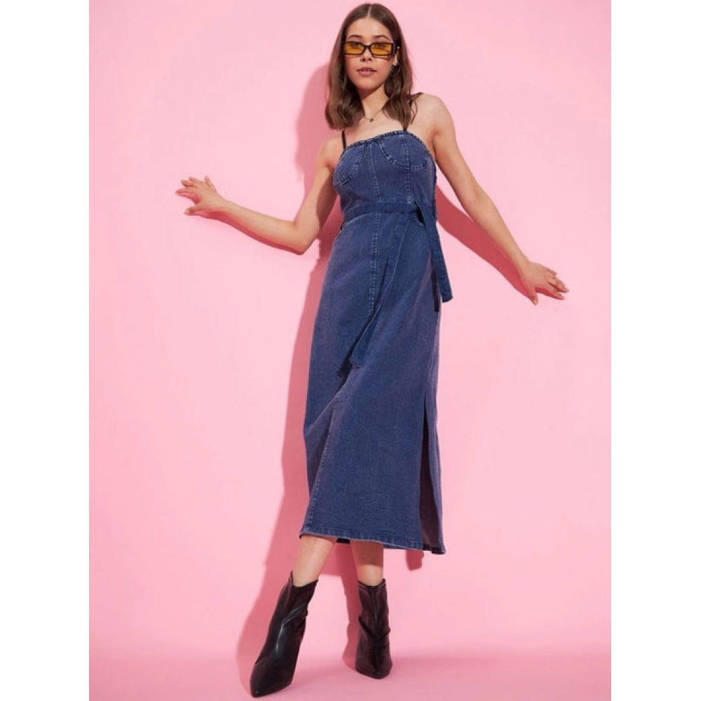Women's Denim Solid Shoulder Straps Dress (Blue) Women's Denim Solid Shoulder Straps Dress (Blue)