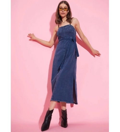 Women's Denim Solid Shoulder Straps Dress (Blue) Women's Denim Solid Shoulder Straps Dress (Blue)