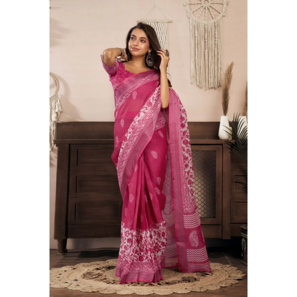 Women's Linen Cotton Printed Ready To Wear Saree With Unstitched Blouse 5.5 Mtr (Pink)