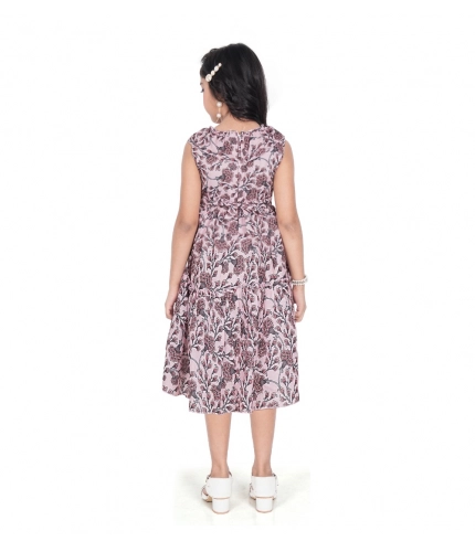Girl's Digital Slub Printed Sleeve Less Round Neck Dress (Brown)