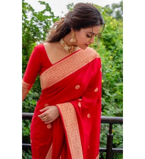 Women's Litchi silk Printed Saree With Unstitched Blouse (Red)