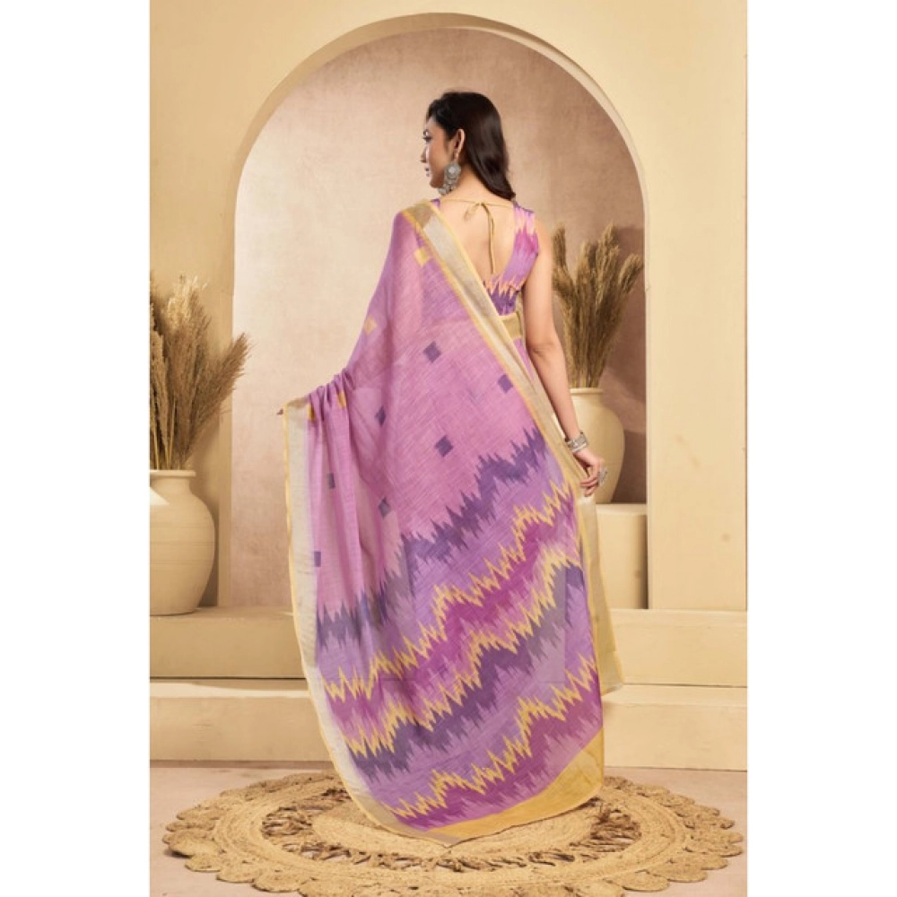 Women's Linen Cotton Printed Ready To Wear Saree With Unstitched Blouse 5.5 Mtr (Lavender)