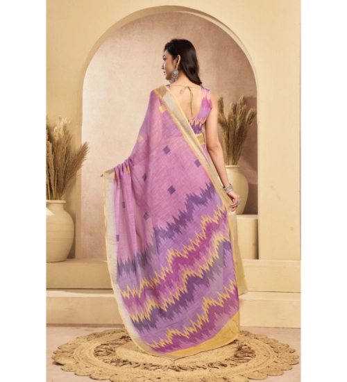 Women's Linen Cotton Printed Ready To Wear Saree With Unstitched Blouse 5.5 Mtr (Lavender)