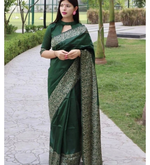 Women's Soft Lichi Silk Printed Saree With Unstitched Blouse 5.5Mtr (Green)