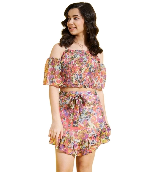 Girl's Polyester Lurex Floral Shoulder Straps Top and Skirt Set (Peach-Multicolor)