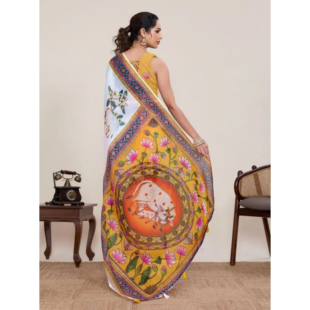 Women's Linen Floral Printed Saree With Unstitched Blouse 5.5Mtr (White) Women's Linen Floral Printed Saree With Unstitched Blouse 5.5Mtr (White)