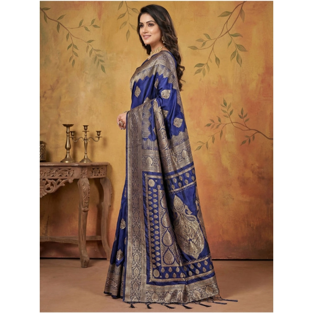 Women's Silk Blend Printed Saree With Unstitched Blouse 5.5Mtr (Navy Blue) Women's Silk Blend Printed Saree With Unstitched Blouse 5.5Mtr (Navy Blue)