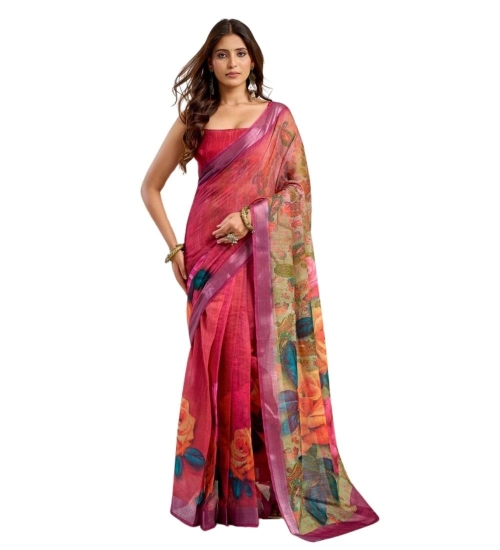 Women's Faux Linen Floral Print Ready to wear Saree With Unstitched Blouse 5.5Mtr (Pink)