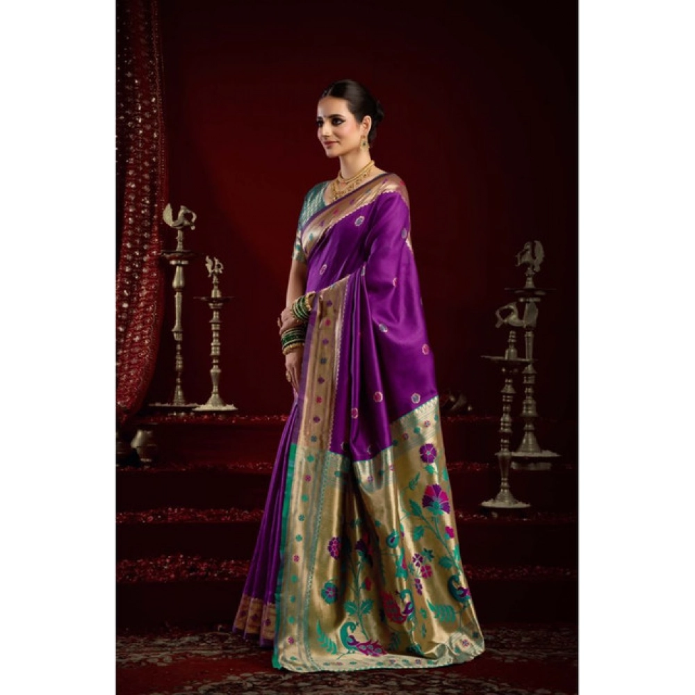 Women's Silk Blend Woven Saree With Unstitched Blouse 5.5 Mtr (Purple)