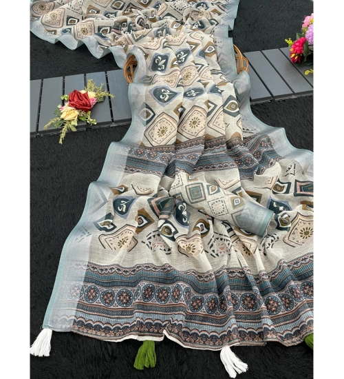 Women's Linen Cotton  Printed Saree With Unstitched Blouse 5.5Mtr (Grey)