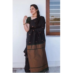 Women's Litchi silk Printed Saree With Unstitched Blouse (Black)