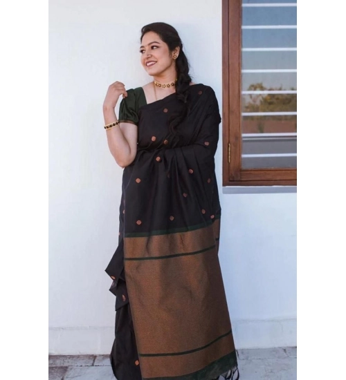 Women's Litchi silk Printed Saree With Unstitched Blouse (Black)