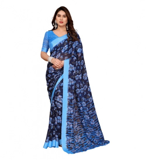 Women's Georgette Printed Saree With Unstitched Blouse 5.5Mtr (Blue)