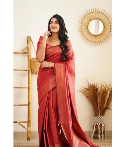 Women's Litchi silk Printed Saree With Unstitched Blouse (Red) Women's Litchi silk Printed Saree With Unstitched Blouse (Red)