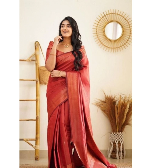 Women's Litchi silk Printed Saree With Unstitched Blouse (Red)